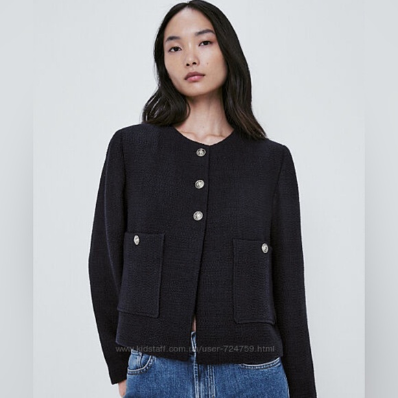 Massimo Dutti Navy boucle blazer size XS - Picture 2 of 7